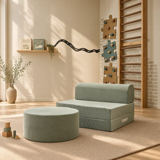 A children's play area in a sunlit room featuring a light sage green foam step stool and matching round ottoman on a beige rug, with wooden toys, a wall ladder, and puzzle decorations in the background.